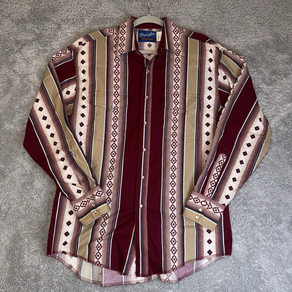 Vintage Wrangler Brushpopper Aztec Pearl Snap Western Cowboy Shirt Mens Large